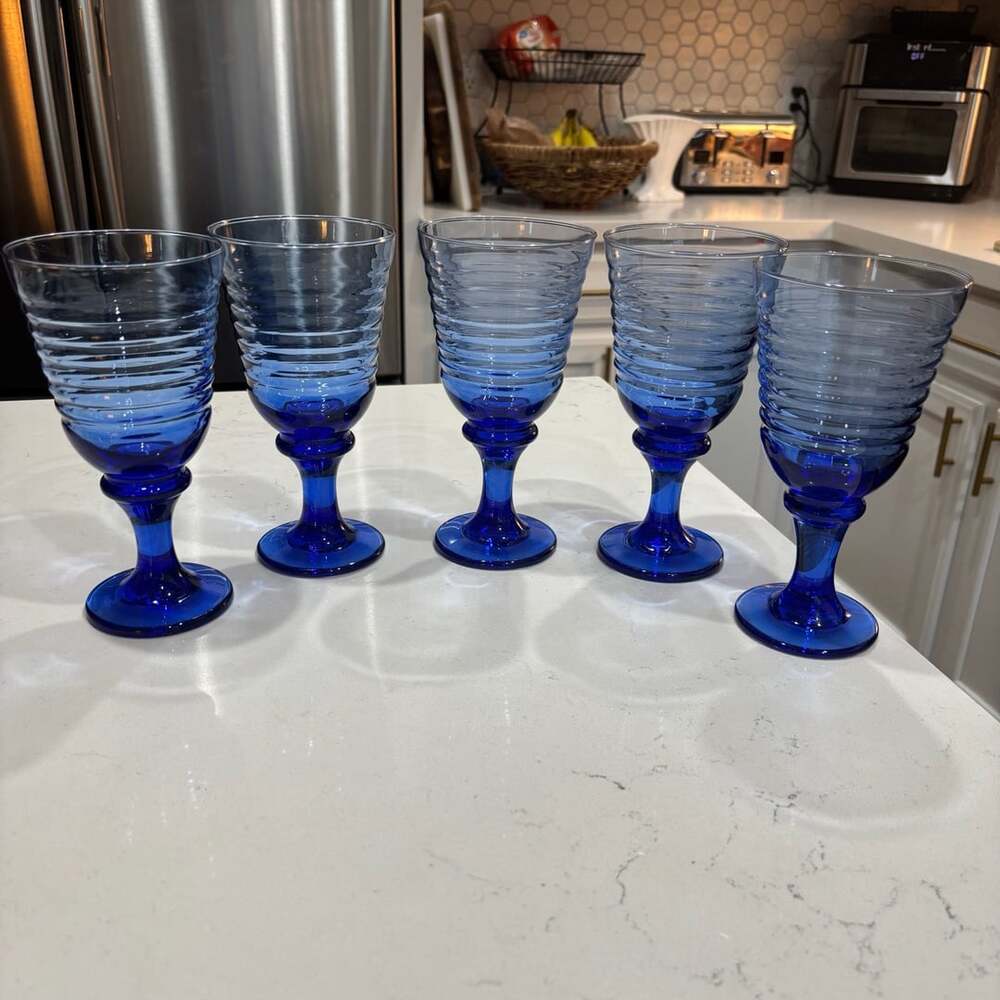 Vintage Libbey Cobalt Blue Ribbed Stemmed Goblets/Water Glasses Set of 5